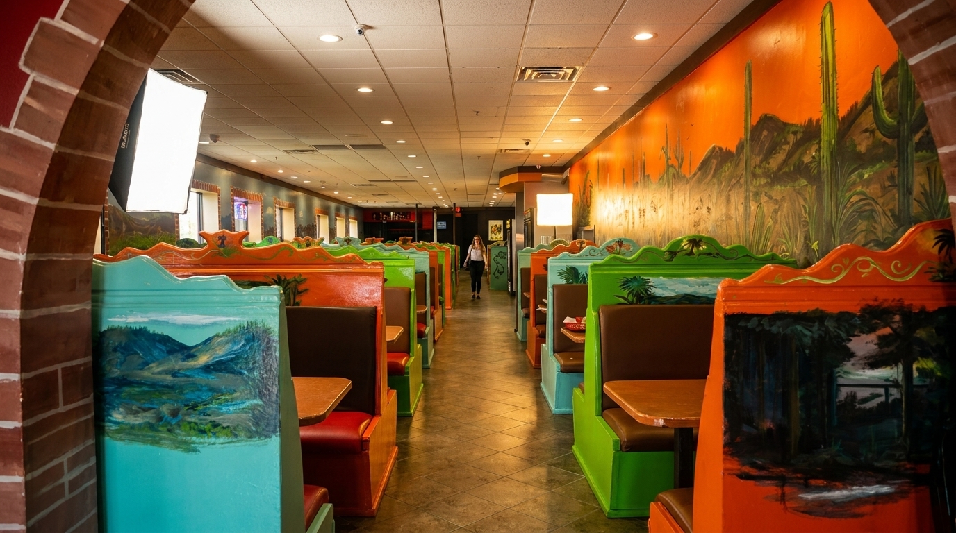 Colorful restaurant interior with rows of booths featuring painted landscapes and a desert mural on the wall.