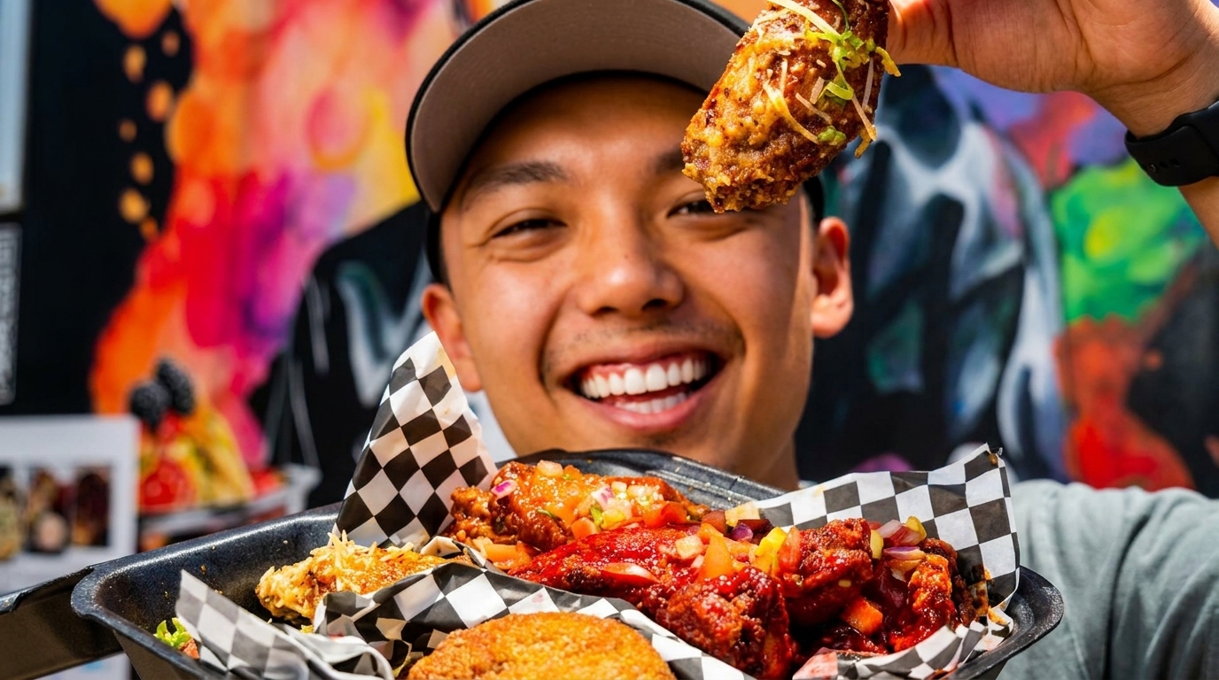 Smiling man in a cap holding up a chicken wing and a tray of wings.