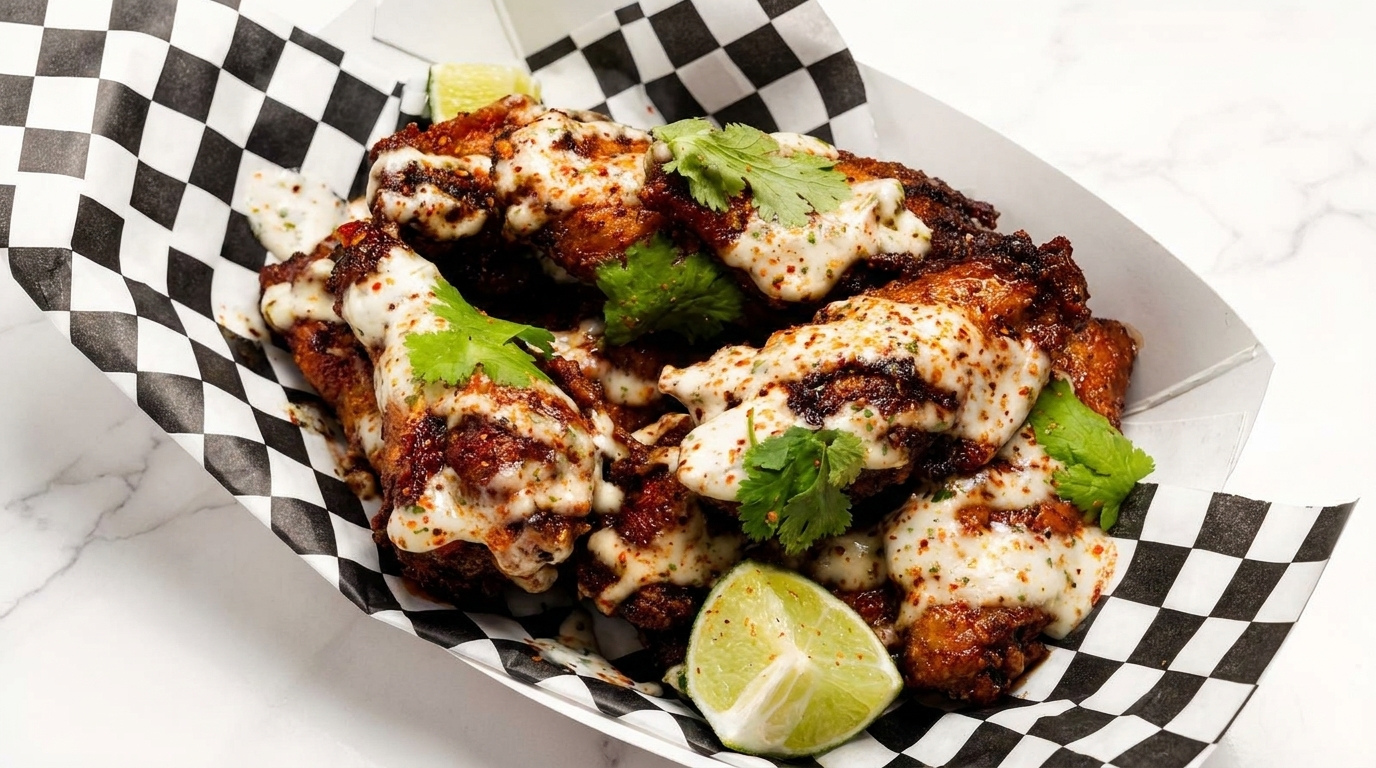 Crispy chicken wings drizzled with creamy sauce, garnished with cilantro and lime wedges in a checkered paper tray.