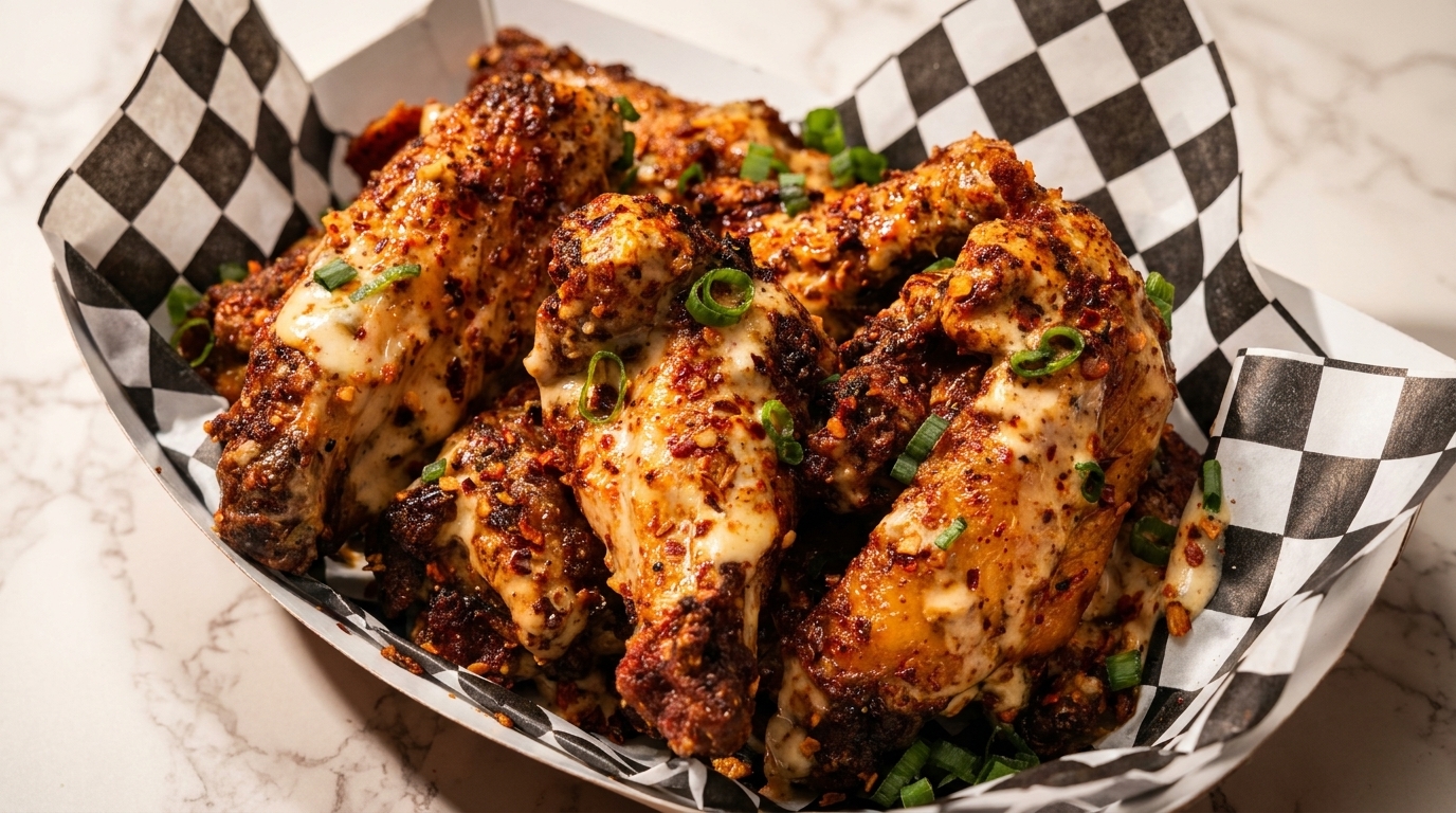 Spicy chicken wings with creamy sauce and green onions in a checkered paper tray.