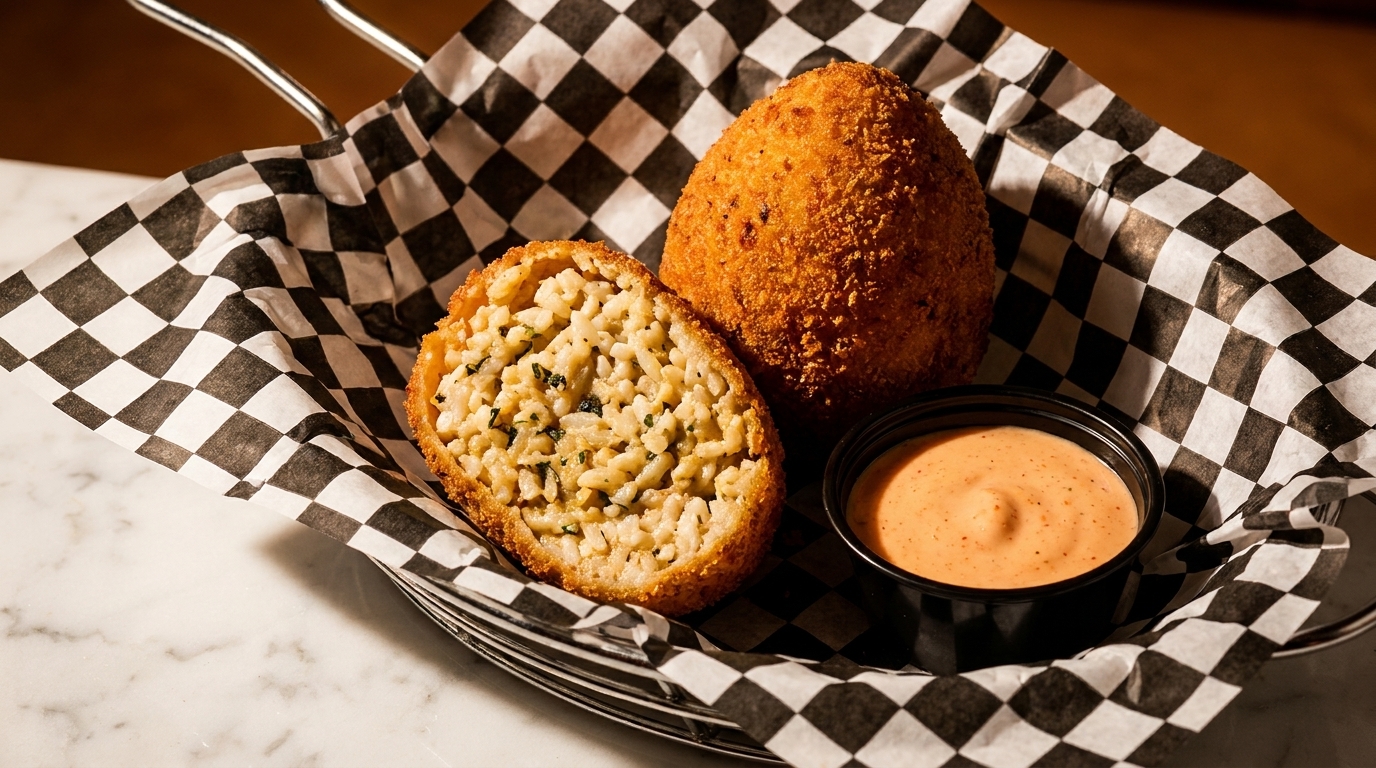 Two golden-brown arancini, one cut open to show rice filling, with a side of dipping sauce.