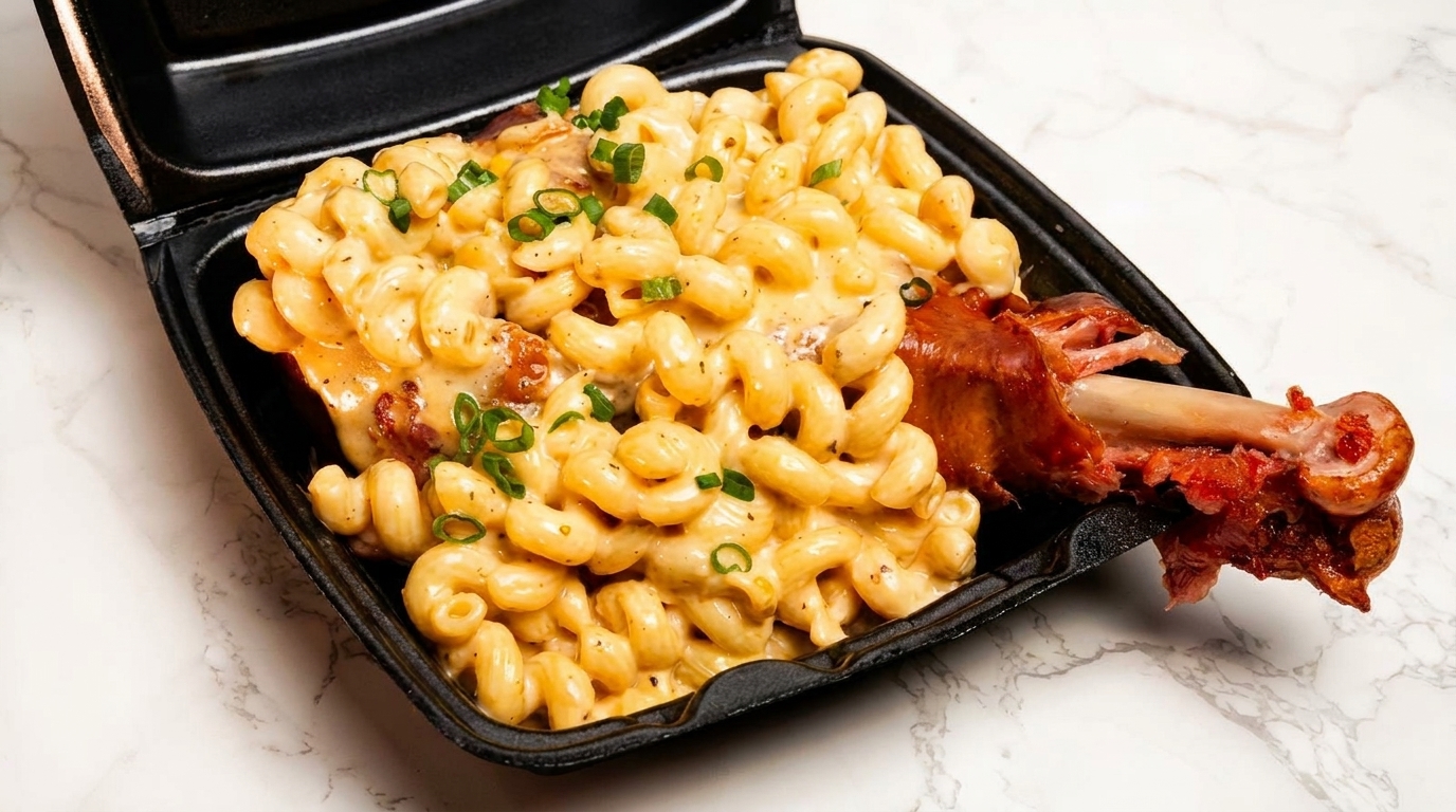 Smoked turkey leg with creamy macaroni and cheese, garnished with green onions in a black takeout container.