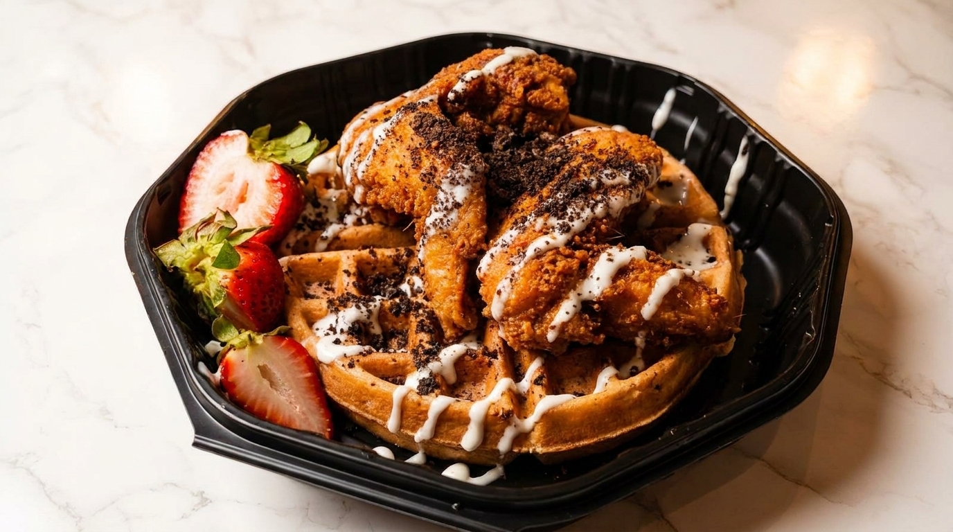 Chicken and waffles topped with white sauce, cookie crumbles, and strawberries in a black container.