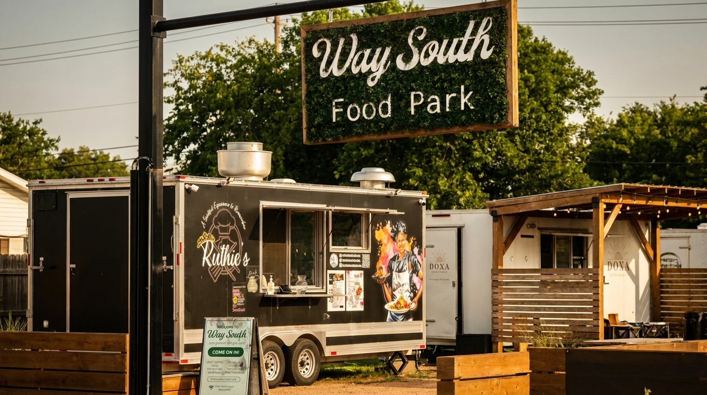 Way South Food Park sign above Ruthie's food truck and outdoor seating area.