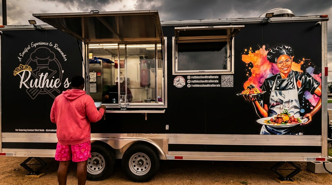 A person orders from the black Ruthie's food trailer, featuring a chef mural and logo.