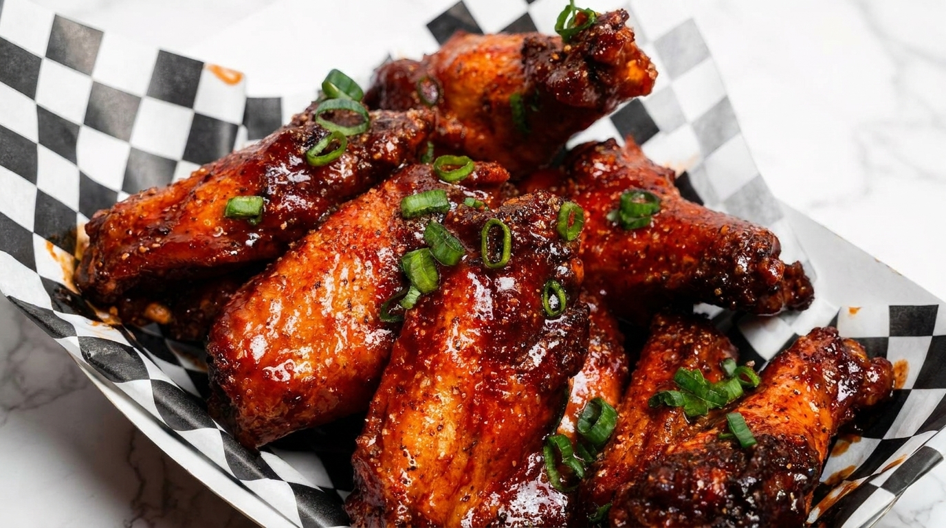 Close-up of glossy, saucy chicken wings topped with chopped green onions in a checkered paper tray.
