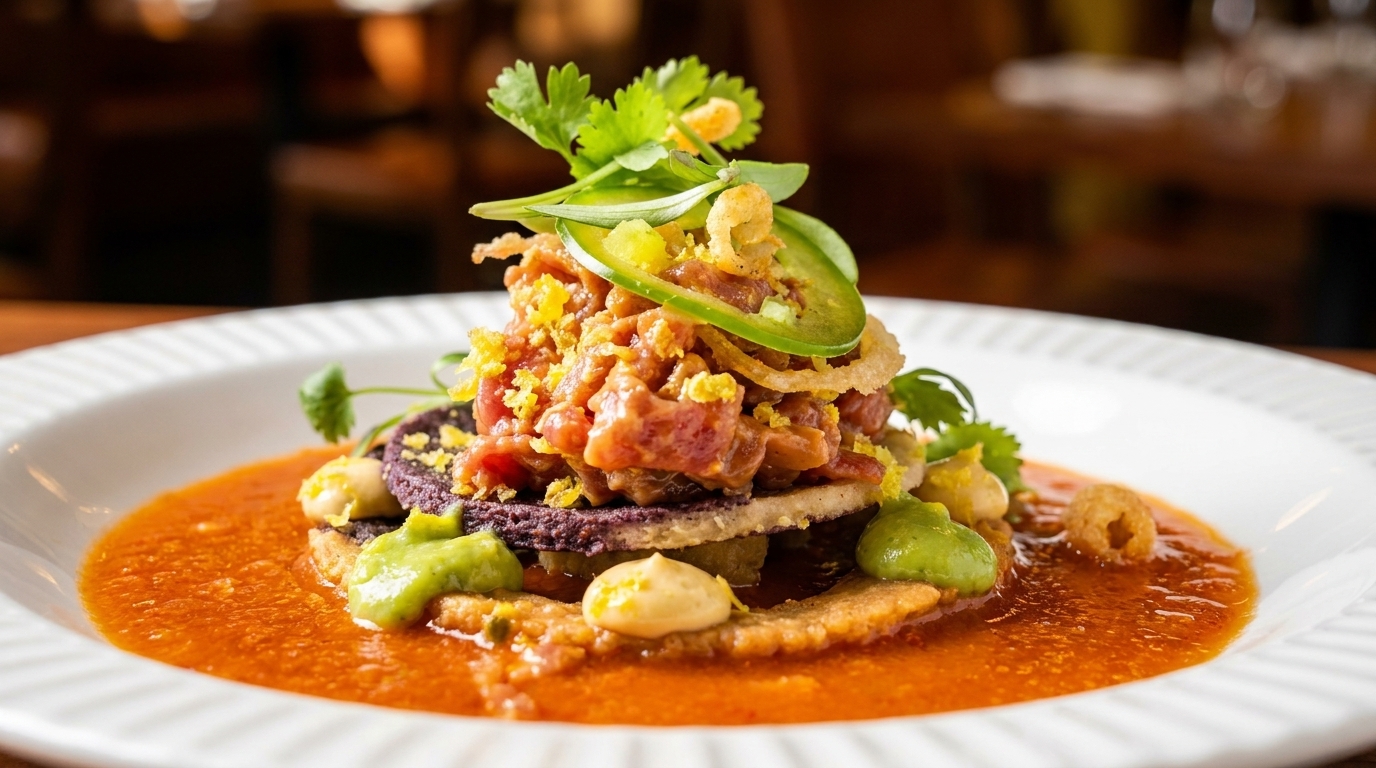 A vibrant tuna tostada with avocado, cilantro, and jalapeños, served in a red sauce.