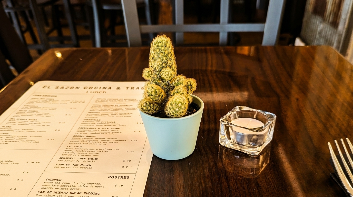 A potted cactus and a lit candle sit on a dark wooden table next to a restaurant menu.