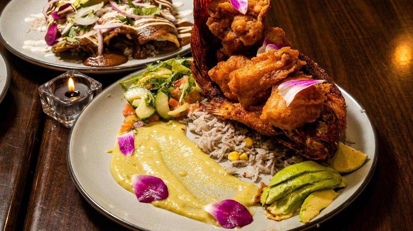 Two plates of food, one with fried fish and rice, the other with enchiladas, on a dark table.