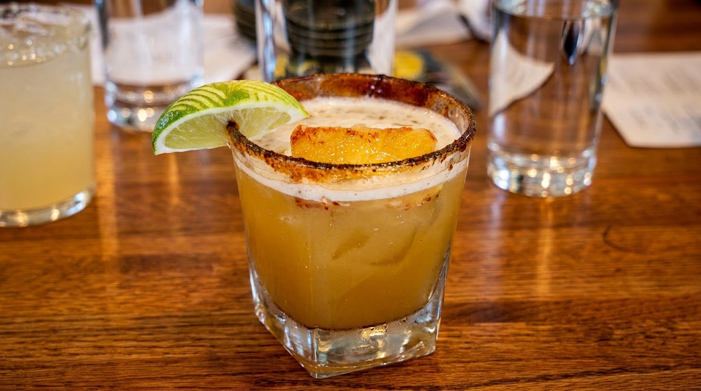 A cocktail with a salted rim, lime wedge, and fruit garnish on a wooden table.