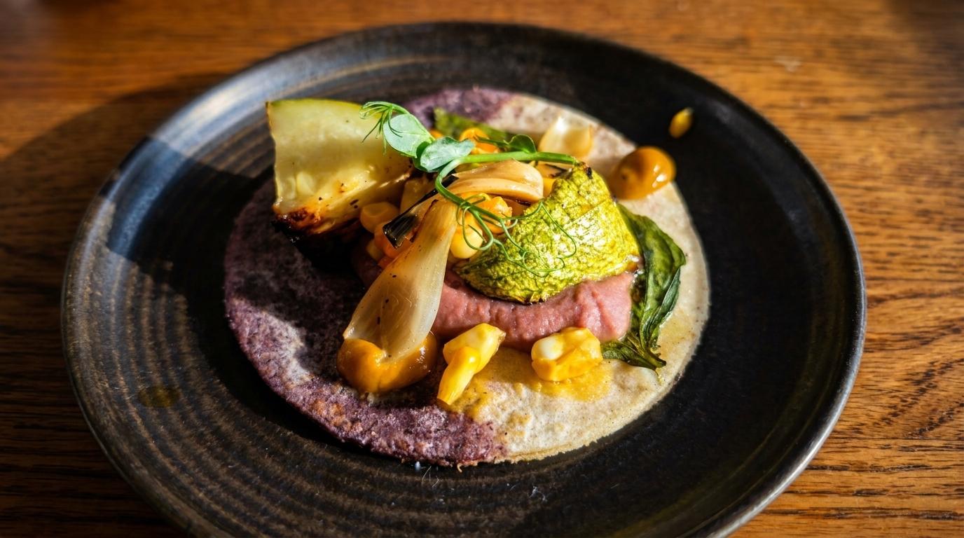 A gourmet taco with purple and white tortillas, topped with vegetables and a pink spread.