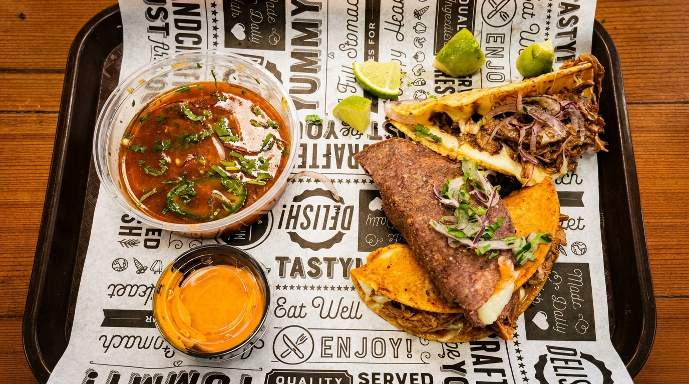 Birria tacos with consommé, orange sauce, and lime wedges on a tray with patterned paper.