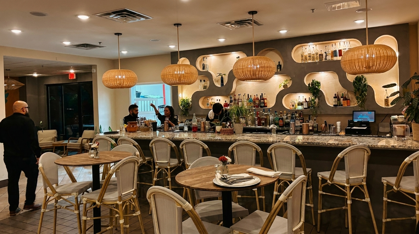 A restaurant bar with wicker pendant lights, bottles on shelves, and patrons at tables and the bar.