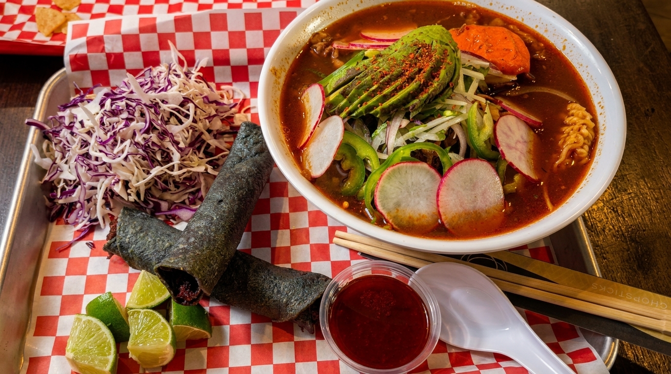 A bowl of ramen with avocado, radishes, and peppers, alongside black tacos, cabbage, and lime wedges.