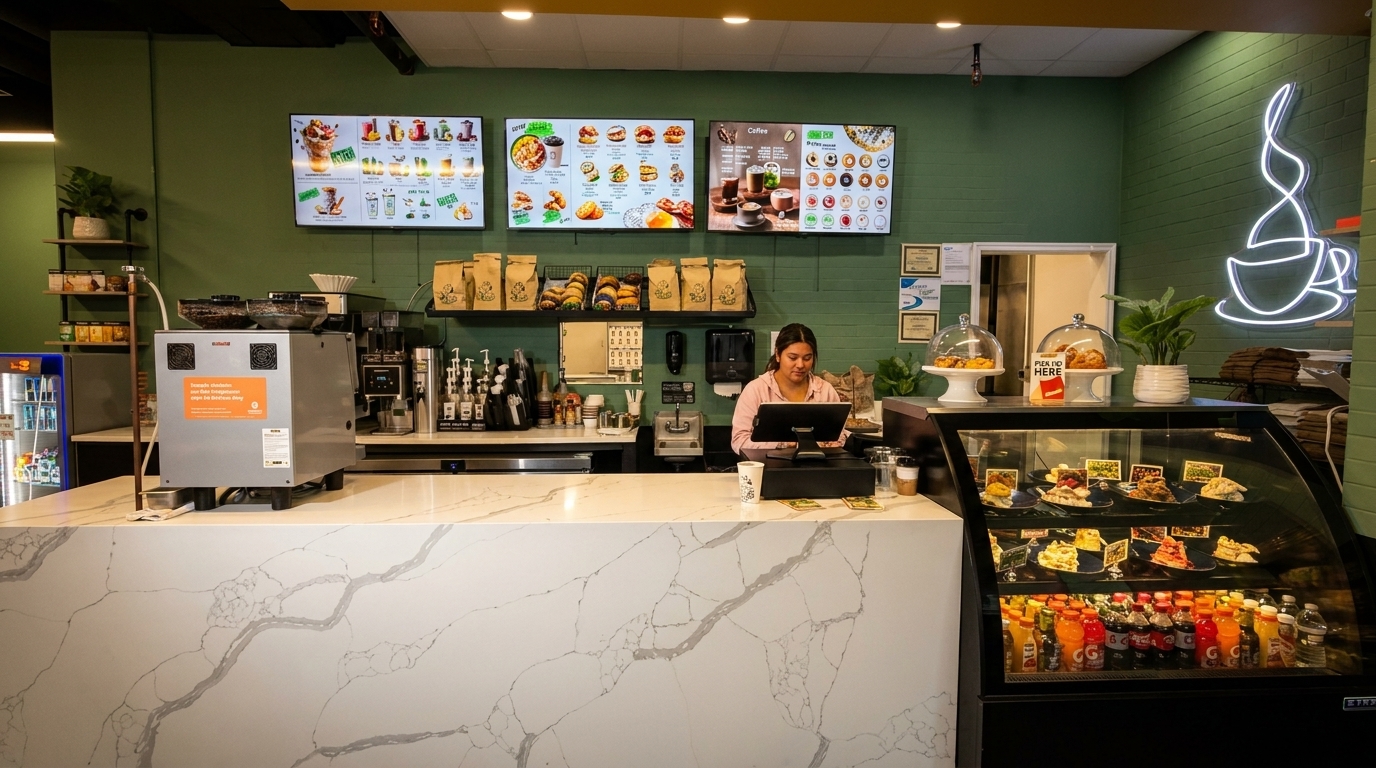 A barista stands behind a white marble counter with pastries, drinks, and menu screens.