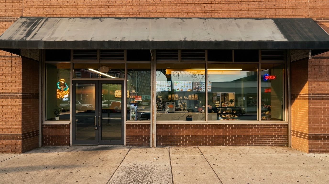 Exterior of a brick building with a dark awning over a storefront with large windows and a neon sign.