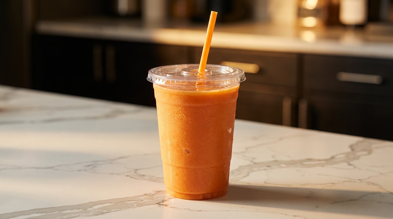 Orange smoothie in a clear plastic cup with an orange straw on a marble countertop.