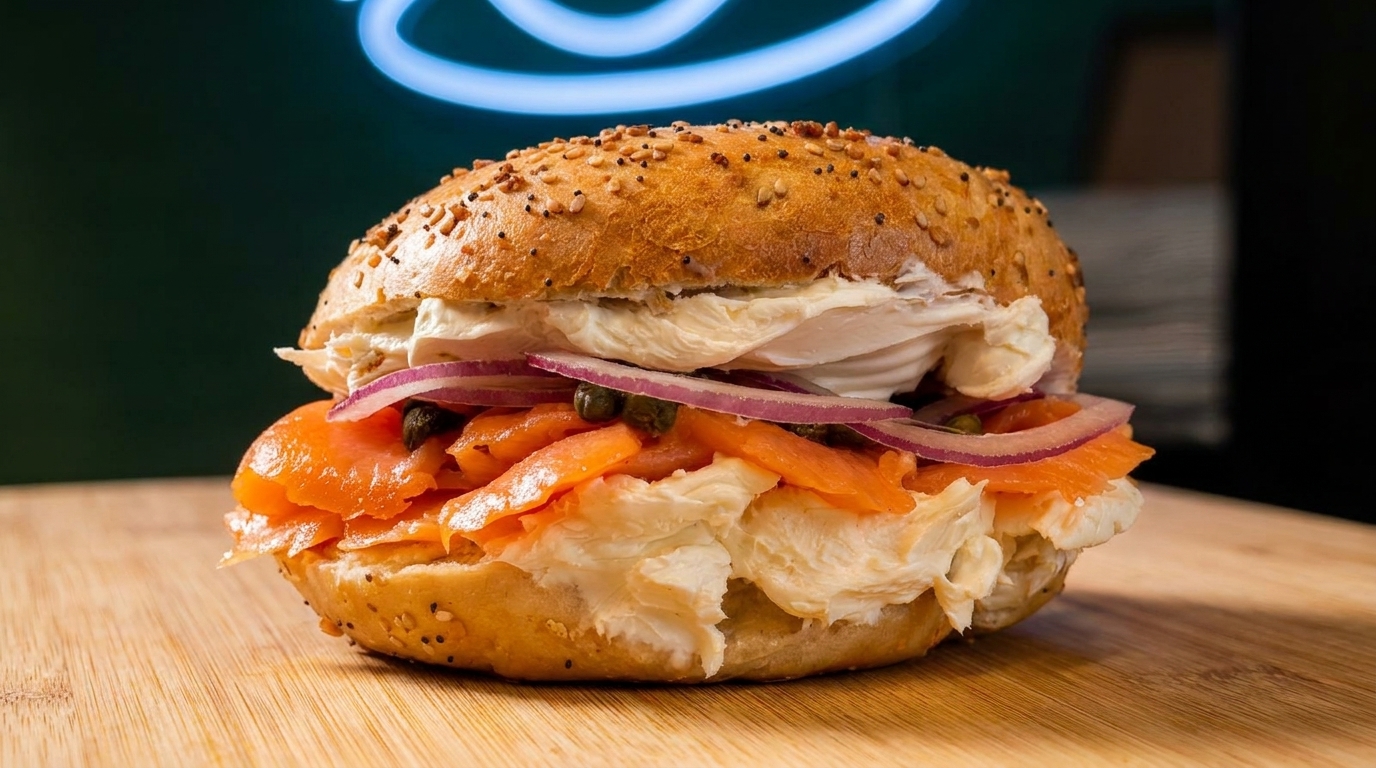 Everything bagel with cream cheese, smoked salmon, red onion, and capers on a wooden board.
