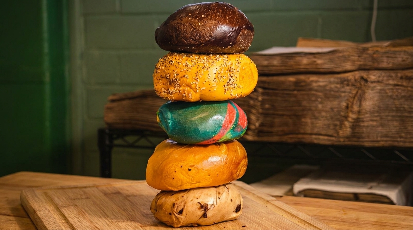 A stack of five colorful bagels, including a rainbow bagel, on a wooden cutting board.