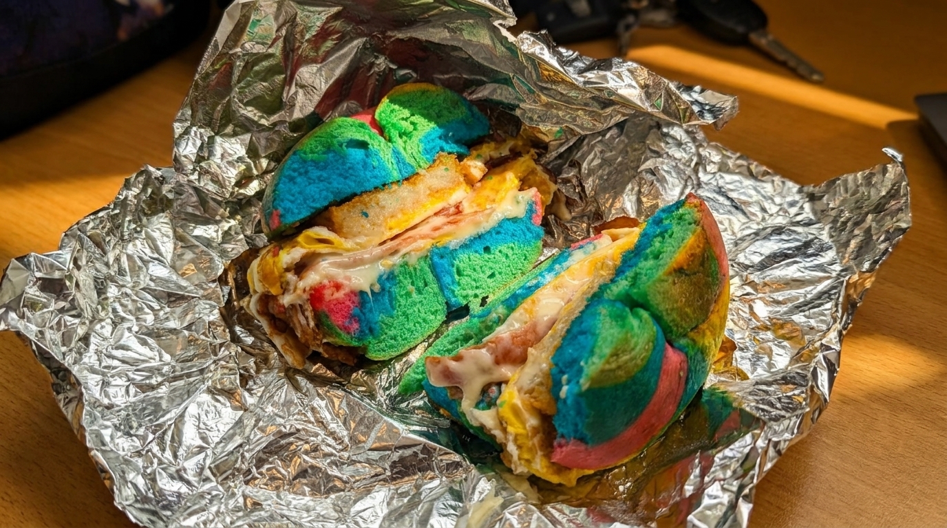 A colorful rainbow bagel sandwich, cut in half, filled with egg, cheese, and bacon, in foil.