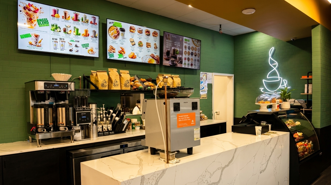 A modern cafe interior with green walls, digital menus, coffee machines, and a white marble counter.