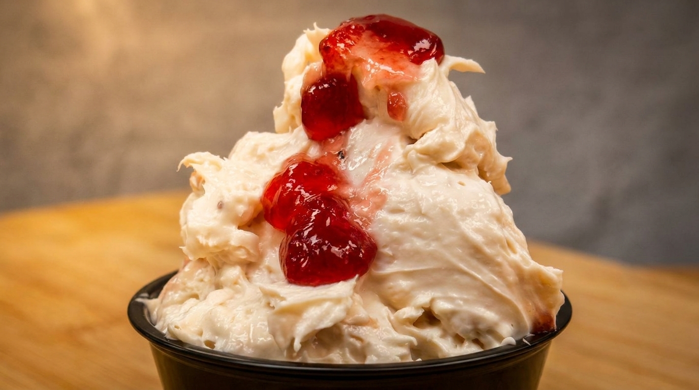 Creamy chicken salad topped with bright red strawberry jam in a black cup on a wooden surface.