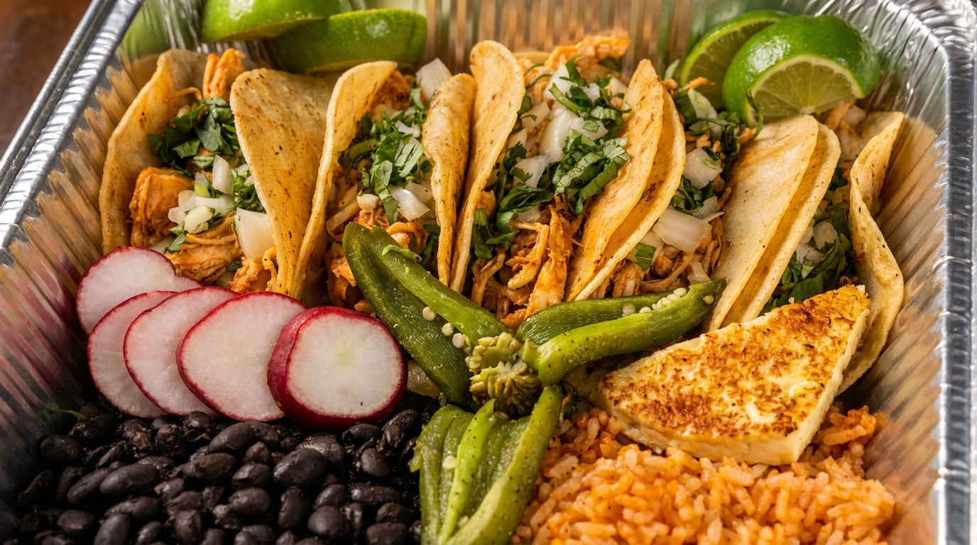 A foil container filled with chicken tacos, rice, black beans, radishes, jalapeños, and limes.