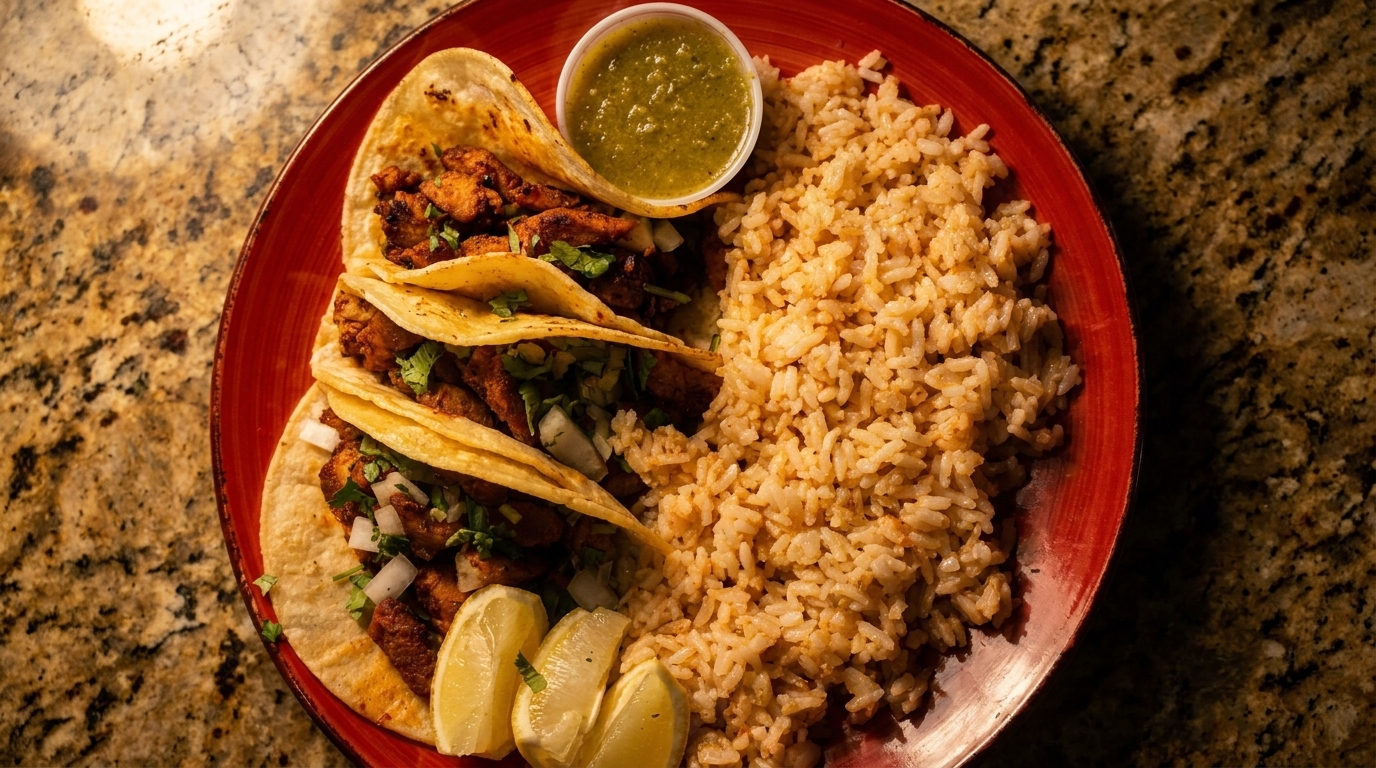 Three chicken tacos with cilantro and onions, rice, salsa verde, and lime wedges on a red plate.