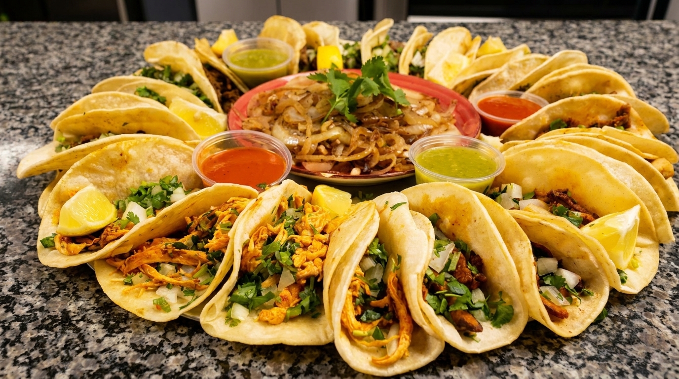 A large platter of various tacos with lime wedges, sauces, and a bowl of caramelized onions.