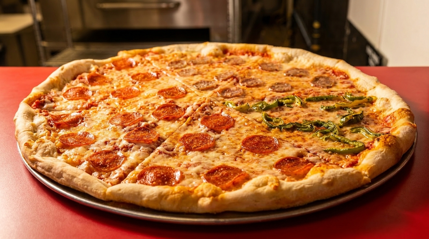 Large pizza with pepperoni, sausage, and green peppers on a red table.