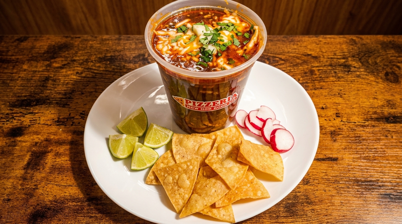 A Pizzeria Now Hot Box soup with cheese and cilantro, served with tortilla chips, lime, and radishes.