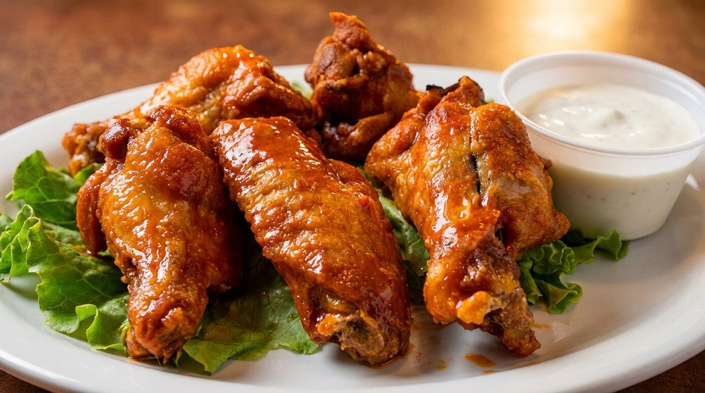 Five glossy, orange-glazed chicken wings on lettuce with a side of ranch dressing.