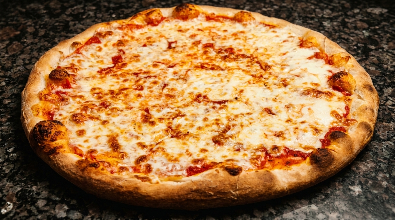 A whole, freshly baked cheese pizza with a golden crust sits on a dark granite countertop.