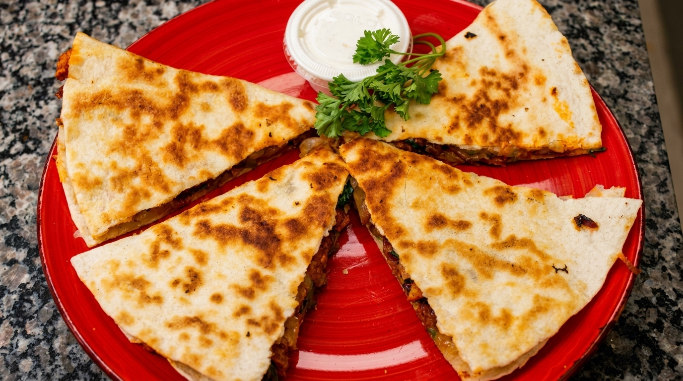 Four quesadilla wedges with a side of sour cream and parsley on a red plate.