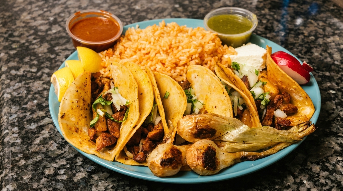 A plate of tacos with rice, grilled onions, lemon wedges, and two sauces on a dark speckled counter.