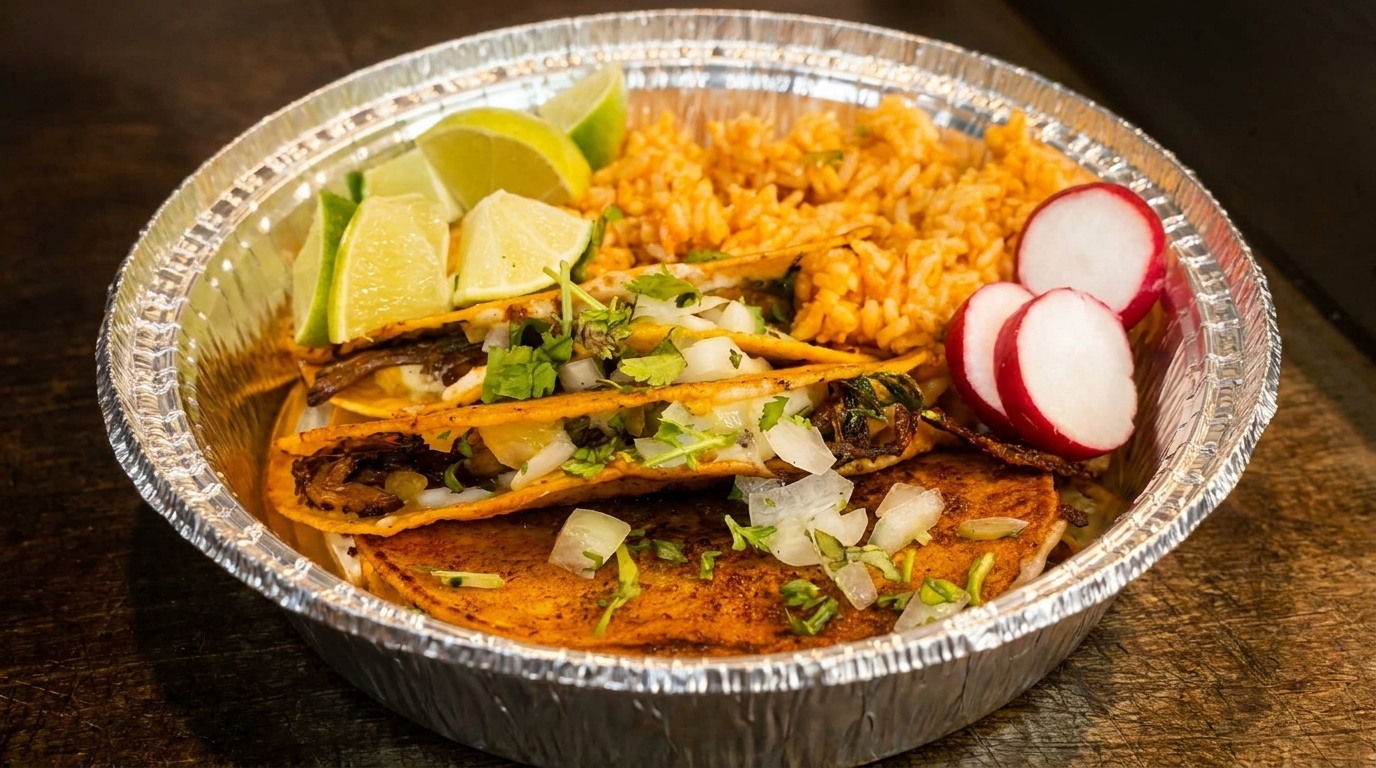 Three tacos with rice, lime wedges, and radish slices in a foil takeout container.