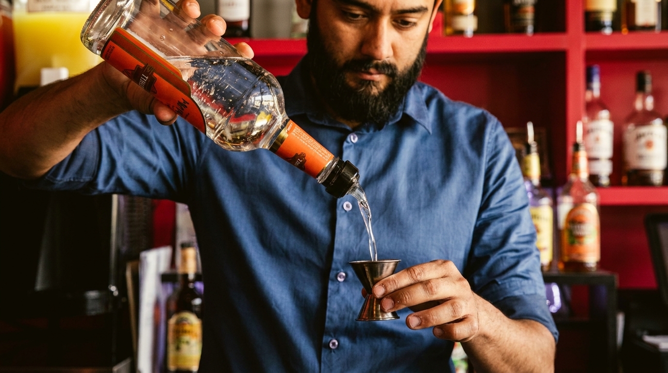 Bartender pouring clear liquor from a bottle into a metal jigger at a bar.