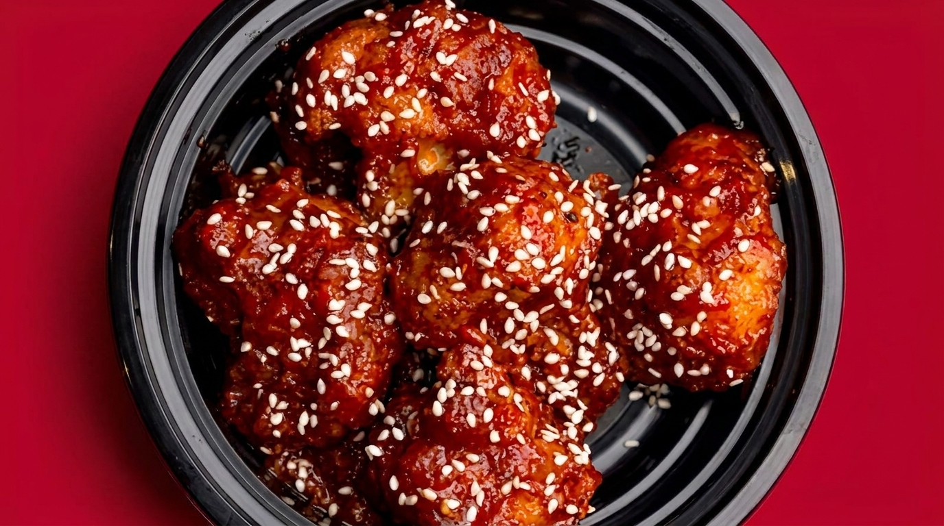 Close-up of crispy Korean fried chicken wings coated in a sweet and spicy red sauce, topped with sesame seeds.