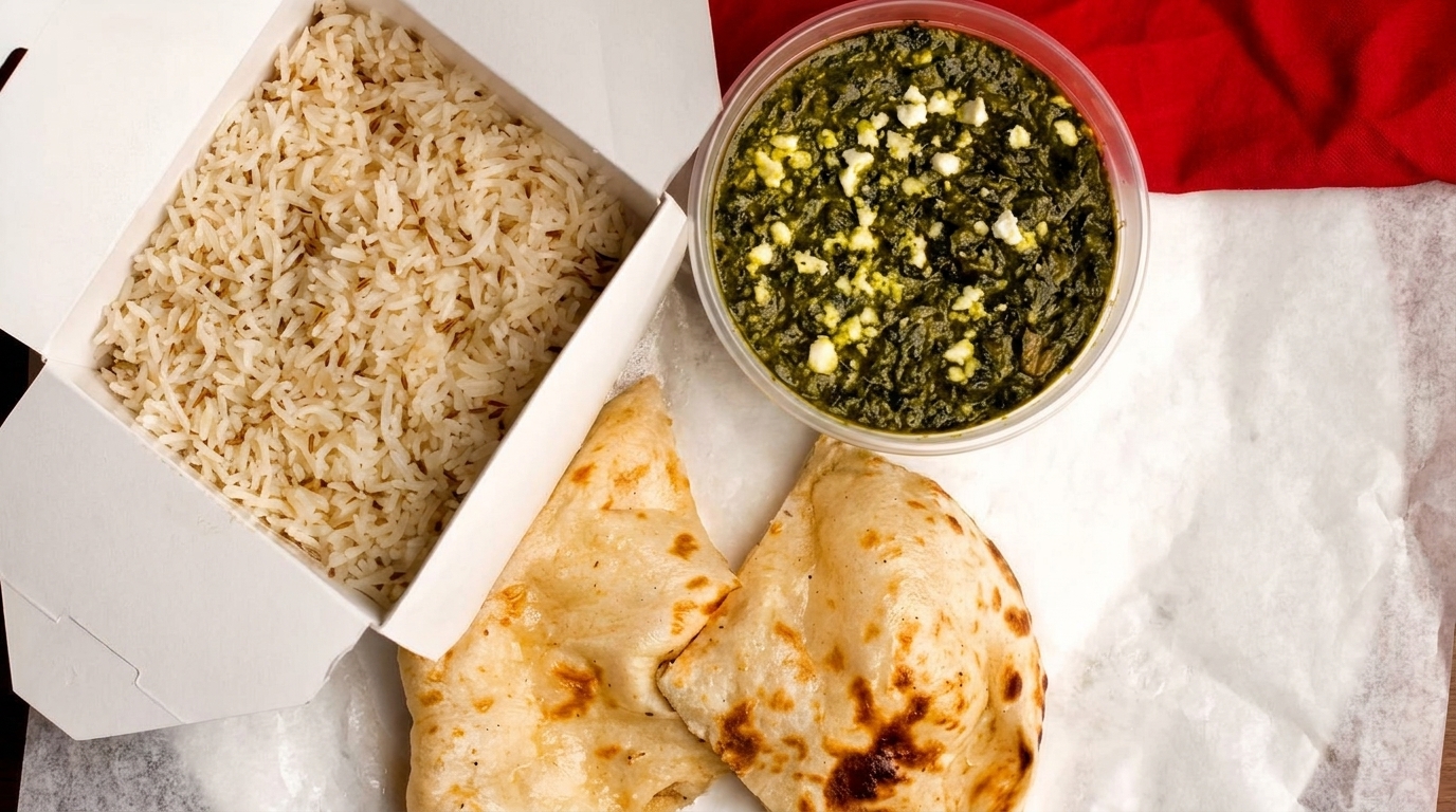 Takeout containers of rice, saag paneer, and two pieces of naan on white paper with a red cloth.