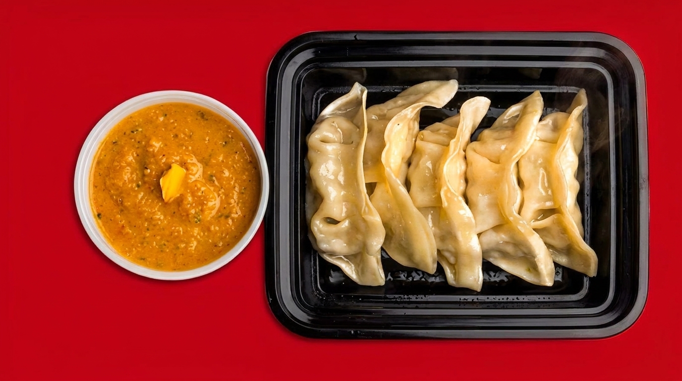 A black container of dumplings and a white bowl of orange sauce on a red background.