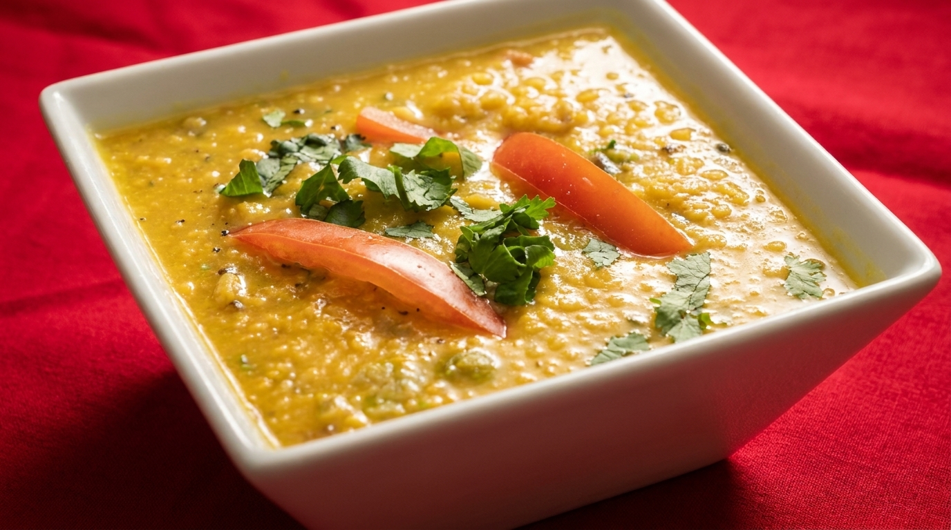 A white square bowl of yellow lentil dal, garnished with fresh cilantro and tomato slices.