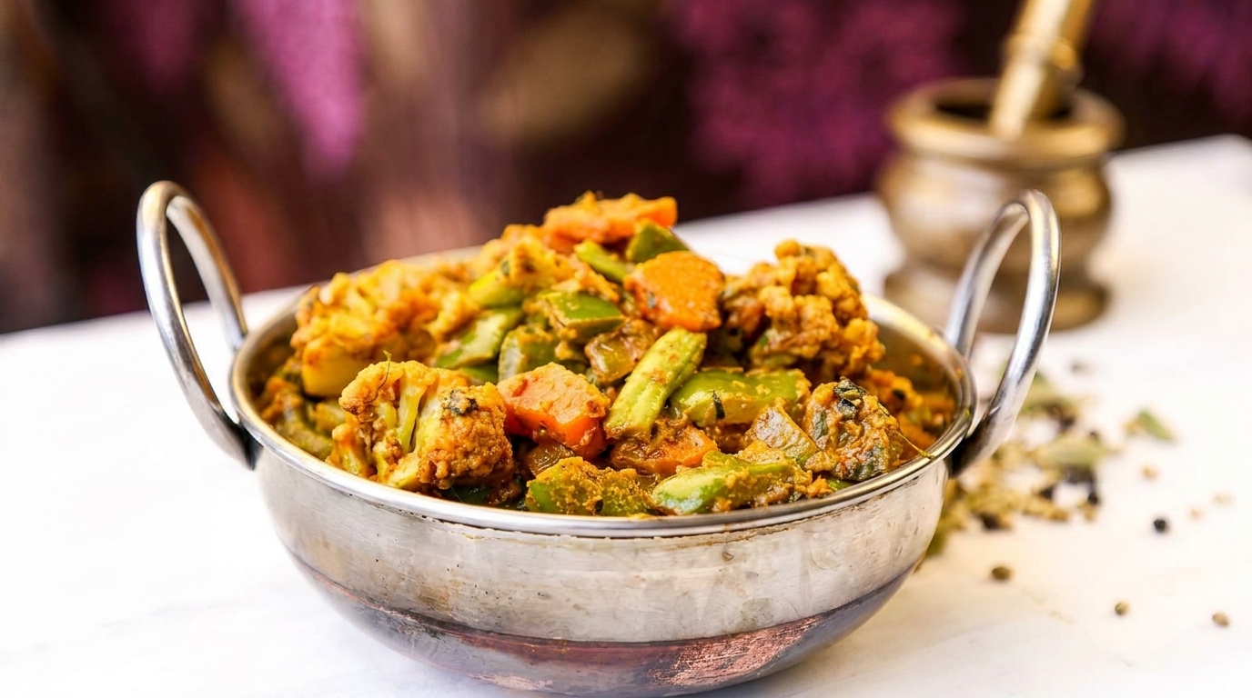 A metal karahi bowl filled with colorful mixed vegetable curry, with spices scattered nearby.