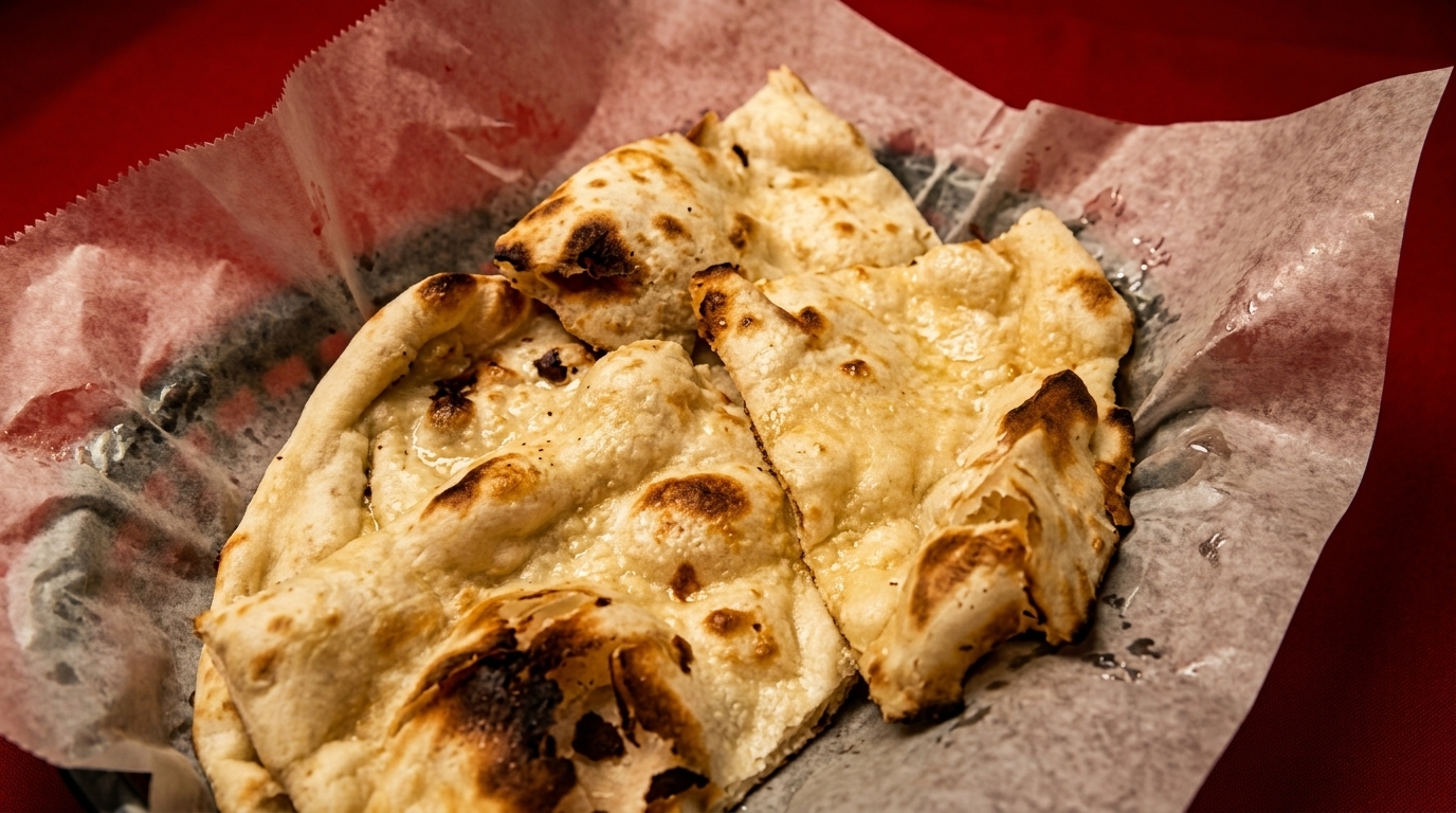 Warm, buttery naan bread pieces with charred spots, served in a paper-lined basket.