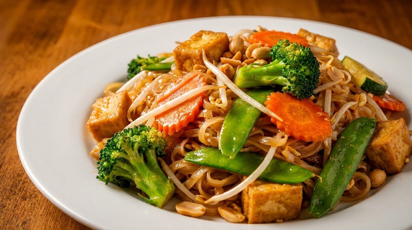 Close-up of Pad See Ew with tofu, broccoli, carrots, snow peas, and peanuts on a white plate.