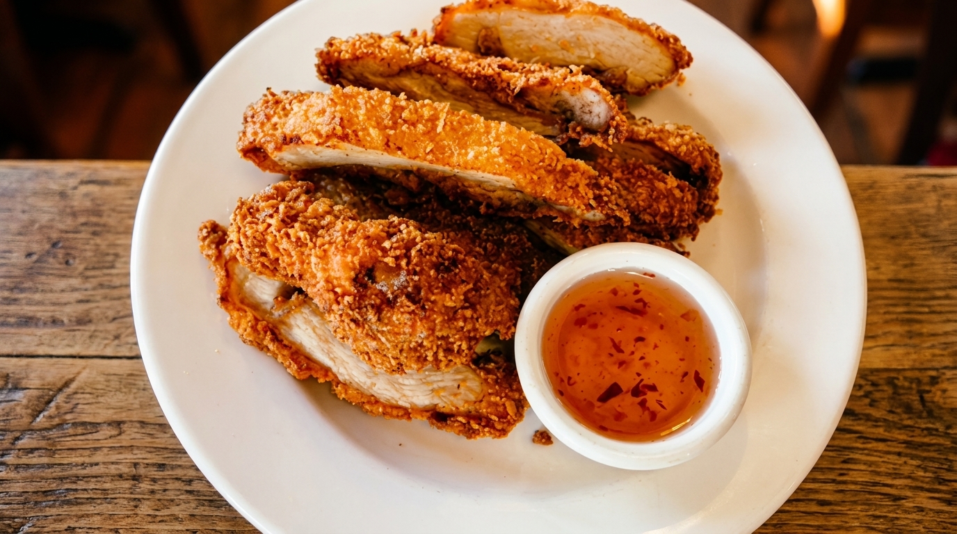 Crispy fried chicken tenders with a side of sweet chili dipping sauce on a white plate.