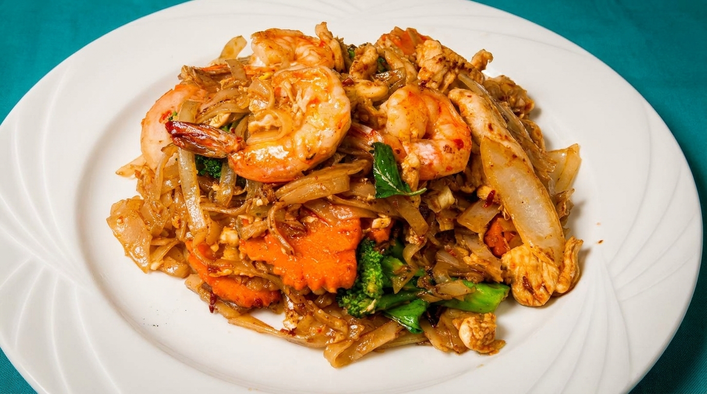 Close-up of a white plate filled with Pad See Ew, featuring shrimp, chicken, and vegetables.