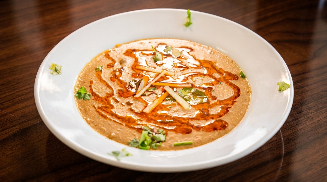 A bowl of creamy brown soup with red oil swirls, garnished with cilantro and ginger slices.