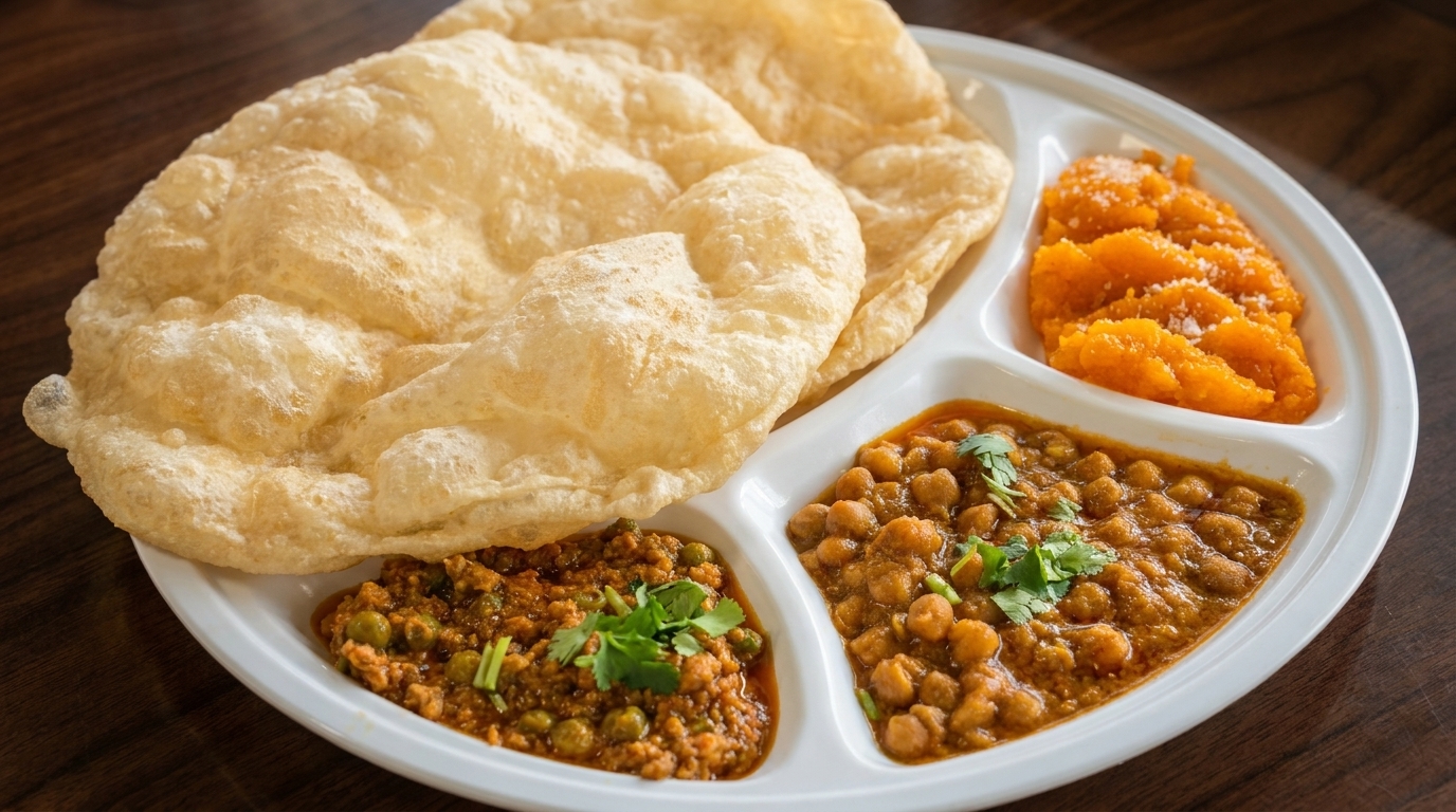 A white segmented plate holds two fluffy fried breads, chickpea curry, minced meat with peas, and a sweet orange dessert.