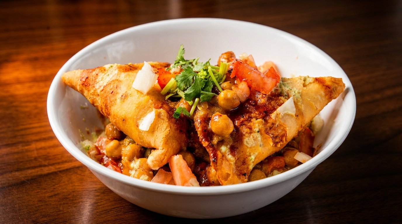 Samosa chaat in a white bowl, topped with chickpeas, tomatoes, cilantro, and sauces.