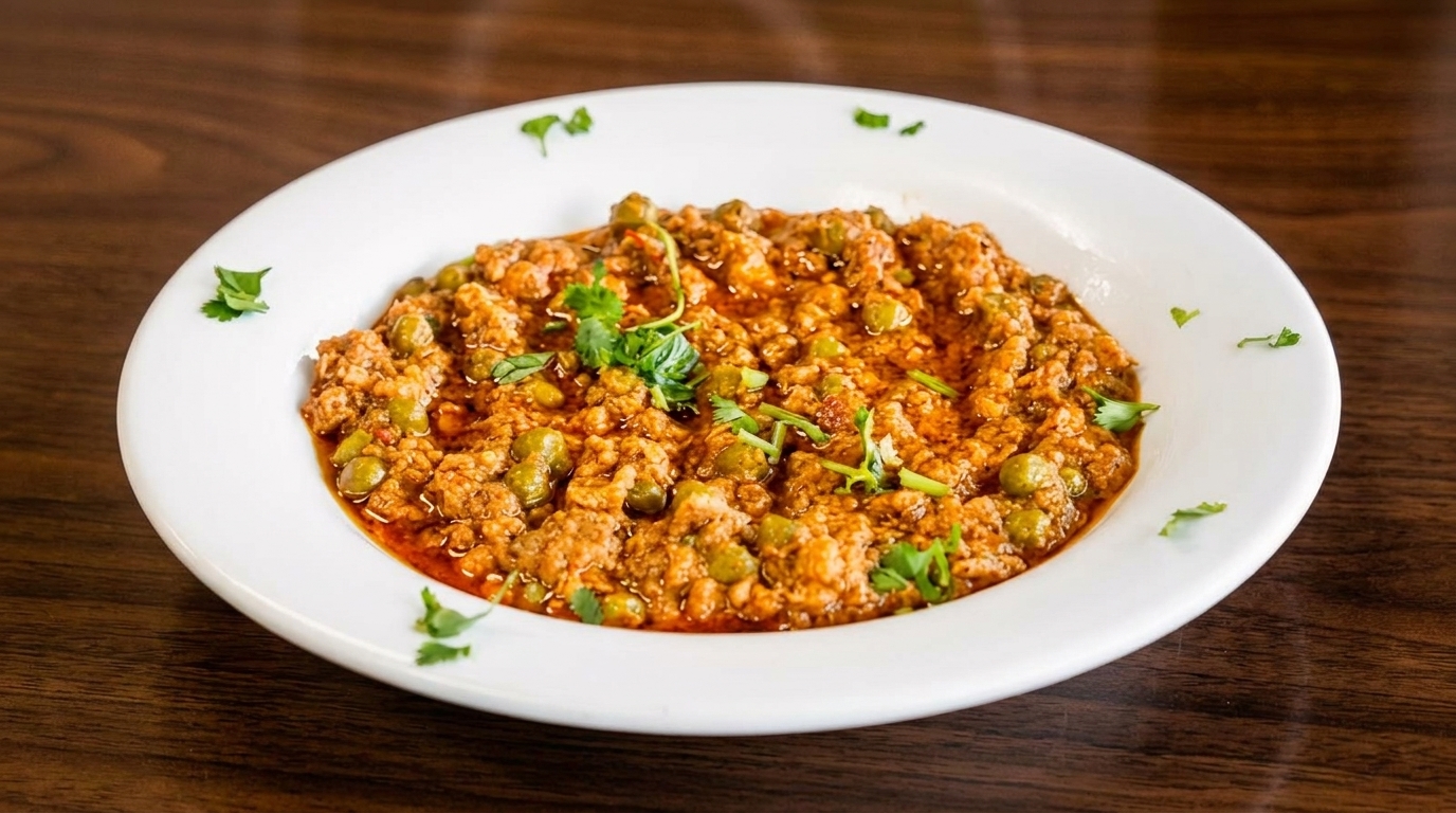 Keema Matar, a dish of minced meat and peas in a rich, orange-brown sauce, garnished with cilantro.